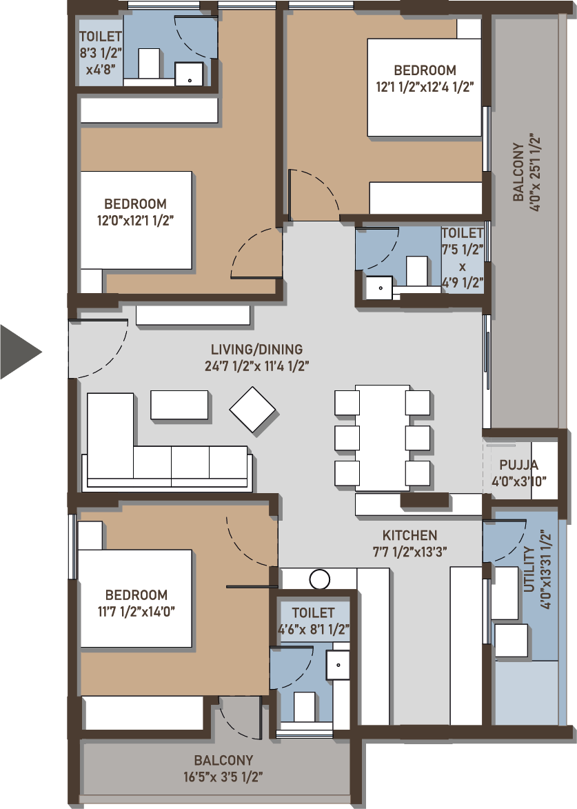 Configuration C 3 BHK West Facing floor plan