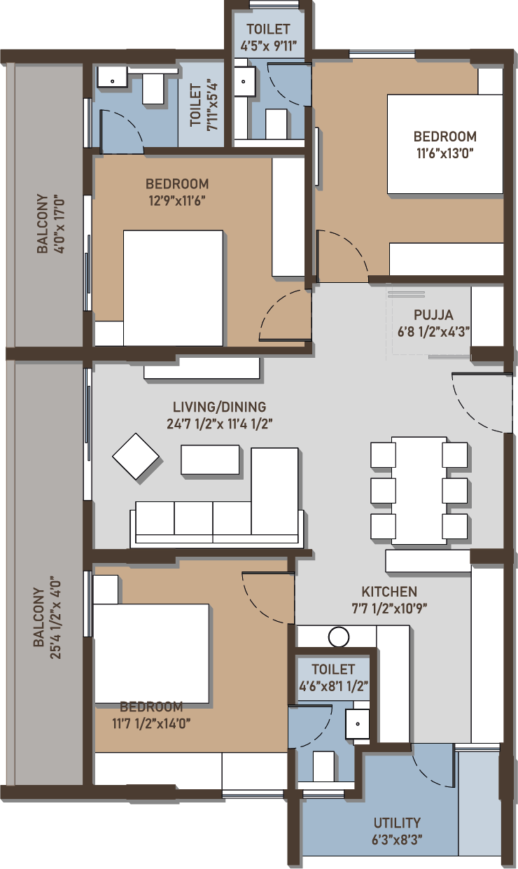 Configuration B 3 BHK East Facing floor plan
